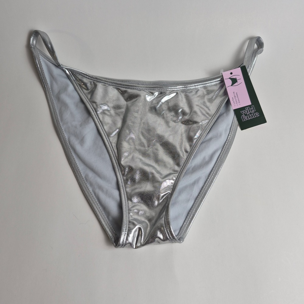 Wild Fable Metallic Silver Extra High Leg Extra Cheeky Bikini Bottom L NEW